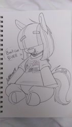 Size: 1152x2048 | Tagged: safe, artist:lockheart, derpibooru import, oc, oc only, oc:dot matrix, earth pony, pony, clothes, eyebrows, eyebrows visible through hair, female, game boy, grayscale, hair over eyes, mare, mare fair, monochrome, open mouth, open smile, pencil drawing, shirt, sitting, smiling, solo, t-shirt, traditional art