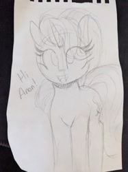 Size: 728x971 | Tagged: safe, artist:lockheart, derpibooru import, starlight glimmer, pony, unicorn, eye clipping through hair, female, grayscale, hi anon, mare, meme, monochrome, pencil drawing, solo, traditional art