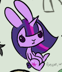 Size: 343x397 | Tagged: safe, artist:anonymare, derpibooru import, angel bunny, twilight sparkle, rabbit, bunnycorn, fusion, solo