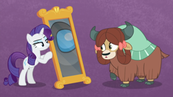 Size: 800x450 | Tagged: safe, derpibooru import, edit, edited screencap, screencap, rarity, yona, pony, unicorn, yak, she's all yak, among us, bipedal, female, fit right in, mare, mirror