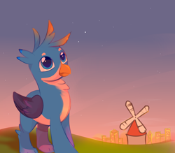 Size: 1802x1580 | Tagged: artist needed, source needed, safe, derpibooru import, gallus, griffon, city, dusk, male, nightfall, shine, solo, stars, windmill, younger