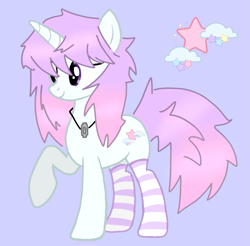 Size: 1011x994 | Tagged: safe, artist:letsloveallan, derpibooru import, oc, oc only, oc:starcloud, base used, blade, clothes, hair, jewelry, necklace, pastel, purple background, purple eyes, simple background, socks, solo, striped socks, tail, thigh socks