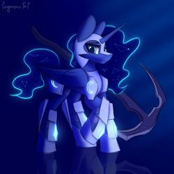 Size: 3000x3000 | Tagged: safe, alternate version, artist:pegasusyay, derpibooru import, princess luna, alicorn, pony, armor, armored pony, female, looking at you, mare, raised hoof, raised leg, solo, weapon