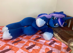 Size: 2377x1721 | Tagged: safe, artist:qtpony, derpibooru import, princess luna, bed, irl, life size, lying down, photo, plushie, solo