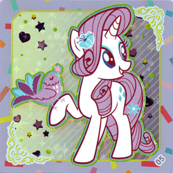 Size: 2898x2898 | Tagged: safe, derpibooru import, rarity, bird, pony, unicorn, female, flower, flower in hair, heart, kayou, mare, official, raised hoof, raised leg, scan, solo, stars