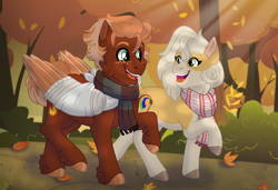 Size: 4364x2982 | Tagged: safe, artist:faitheverlasting, derpibooru import, oc, oc only, oc:kleo, oc:pavlos, earth pony, griffon, pegasus, pony, autumn, bandage, broken bone, broken wing, cast, cheek fluff, claws, clothes, colored hooves, colored wings, eared griffon, earth pony oc, folded wings, forest, friends, happy, injured, leaves, leg fluff, pegasus oc, ponified, scarf, short tail, sling, smiling, species swap, striped scarf, tail, wings