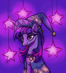 Size: 987x1090 | Tagged: safe, artist:calicokittyq, derpibooru import, twilight sparkle, twilight sparkle (alicorn), alicorn, pony, alternate hairstyle, cape, clothes, cute, female, hat, mare, solo, star swirl the bearded costume, stars, twiabetes, wizard hat