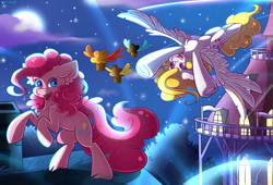 Size: 3754x2546 | Tagged: safe, artist:yuris, derpibooru import, pinkie pie, surprise, earth pony, pegasus, pony, do princesses dream of magic sheep, g1, food, frog (hoof), mlp fim's thirteenth anniversary, muffin, night, open mouth, roof, smiling, spread wings, town hall, tree, underhoof, winged muffin, wings