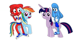 Size: 1024x680 | Tagged: safe, artist:mismisterius, derpibooru import, rainbow dash, twilight sparkle, unicorn twilight, pegasus, pony, unicorn, g4, bello, bello riding rainbow dash, clothes, cute, dashabetes, female, folded wings, group, jammbonian, jammbonians riding ponies, jelly jamm, male, mare, mina (jelly jamm), mina riding twilight sparkle, open mouth, open smile, pants, quartet, raised hoof, raised leg, riding, riding a pony, shirt, short pants, simple background, smiling, tanktop, twiabetes, white background, wings