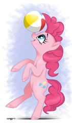 Size: 3345x5947 | Tagged: safe, artist:ostarbito, derpibooru exclusive, derpibooru import, pinkie pie, earth pony, pony, balancing, beach ball, blue eyes, female, happy, looking up, mare, open mouth, open smile, pink coat, pink mane, ponies balancing stuff on their nose, simple background, smiling, standing, standing on one leg