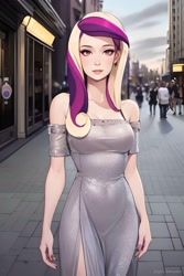 Size: 1024x1536 | Tagged: safe, ai content, derpibooru import, editor:sammykun, machine learning generated, princess cadance, human, breasts, city, clothes, crowd, dress, female, female focus, long dress, long hair, looking at you, off shoulder, outdoors, princess cansdance, prompter:sammykun, reasonably sized breasts, serious, serious face, solo focus, street