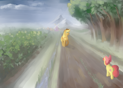 Size: 3500x2500 | Tagged: safe, artist:lupin quill, derpibooru import, apple bloom, applejack, earth pony, pony, lineless, mountain, painting, scenery, tree, windmill