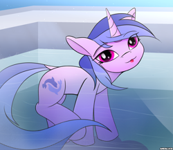 Size: 2300x2000 | Tagged: safe, artist:andaluce, derpibooru import, sea swirl, seafoam, pony, unicorn, :3, :p, background pony, cute, female, looking at you, mare, solo, swimming pool, tongue, tongue out