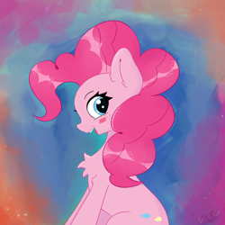 Size: 2500x2500 | Tagged: safe, artist:sketchik, derpibooru import, pinkie pie, earth pony, pony, blushing, chest fluff, cute, female, looking back, mare, side view, sitting, solo