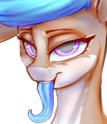 Size: 1637x1897 | Tagged: safe, artist:sketchy knight, derpibooru import, oc, oc:lissy fluffball, pony, bedroom eyes, blue tongue, female, lidded eyes, long tongue, looking at you, open mouth, smiling, smiling at you, teeth, tongue, tongue out
