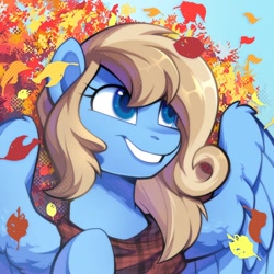 Size: 1000x1000 | Tagged: safe, artist:breloomsgarden, derpibooru import, oc, oc only, oc:lusty symphony, pegasus, pony, autumn, clothes, commission, female, icon, leaves, mare, scarf, smiling, solo