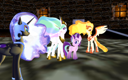 Size: 1920x1200 | Tagged: safe, artist:puzzlshield2, derpibooru import, daybreaker, nightmare moon, princess celestia, starlight glimmer, alicorn, pony, a royal problem, season 7, 3d, fight, mmd, recreation, scene interpretation, super mario 64, super mario bros.