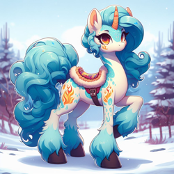 Size: 1024x1024 | Tagged: safe, ai content, derpibooru import, generator:bing image creator, machine learning generated, pony, unicorn, blue fur, blue mane, body markings, coat markings, curved horn, female, hoof fluff, looking at you, mare, orange eyes, outdoors, saddle, snow, snowfall, socks (coat marking), tack, tree, unshorn fetlocks, white fur, winter