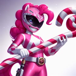 Size: 1024x1024 | Tagged: safe, ai content, derpibooru import, generator:dall-e 3, pinkie pie, human, candy, candy cane, food, humanized, power rangers, solo