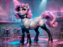 Size: 4096x3072 | Tagged: safe, ai content, derpibooru import, machine learning generated, sweetie belle, pony, unicorn, blushing, choker, clothes, curly hair, curly mane, female, full body, green eyes, horn, latex, latex stockings, light skin, makeup, mare, missing cutie mark, nightclub, older, older sweetie belle, pink hair, prompter:kalmar, solo, standing, stockings, thigh highs