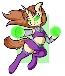 Size: 2017x2377 | Tagged: safe, artist:andelai, derpibooru import, oc, oc:celice, semi-anthro, clothes, cosplay, costume, dc comics, female, glowing, glowing eyes, horn, magic, skirt, socks, solo, starfire, teen titans, thigh highs