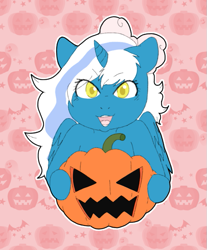 Size: 527x637 | Tagged: safe, artist:cute-little-star97, derpibooru import, oc, oc only, oc:fleurbelle, alicorn, pony, alicorn oc, bow, female, golden eyes, hair bow, halloween, holiday, horn, mare, pink background, pumpkin, simple background, solo, wings