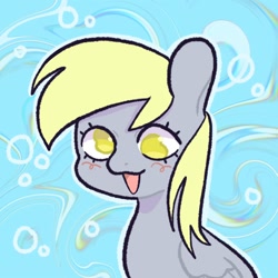 Size: 1500x1500 | Tagged: safe, artist:xpeebx, derpibooru import, derpy hooves, pegasus, pony, abstract background, blushing, bust, colored pupils, portrait, smiling, solo