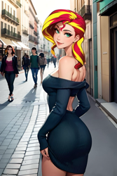 Size: 1024x1536 | Tagged: safe, ai content, derpibooru import, editor:sammykun, machine learning generated, sunset shimmer, human, ass, barcelona, bareback, beautiful, breasts, building, bunset shimmer, butt, city, clothes, crowd, female, humanized, long sleeves, looking at you, looking back, looking back at you, off shoulder, off shoulder sweater, outdoors, prompter:sammykun, reasonably sized breasts, solo focus, sunset jiggler, sweater, sweater dress