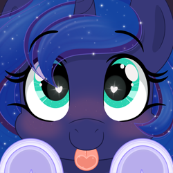 Size: 2048x2048 | Tagged: safe, artist:emberslament, derpibooru import, princess luna, alicorn, pony, :p, blushing, cute, happy, heart, heart eyes, heart tongue, licking, licking the fourth wall, lunabetes, solo, sparkly mane, tongue, tongue out, underhoof, wingding eyes