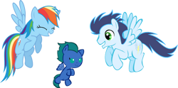 Size: 750x372 | Tagged: safe, artist:momoe-mi, derpibooru import, rainbow dash, soarin', oc, pegasus, pony, baby, baby pony, colt, female, foal, male, mare, offspring, parent:rainbow dash, parent:soarin', parents:soarindash, shipping, simple background, soarindash, stallion, straight, transparent background, trio