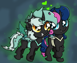 Size: 2362x1924 | Tagged: safe, artist:background basset, derpibooru import, bon bon, lyra heartstrings, sweetie drops, changeling, abstract background, changelingified, duo, female, grin, heart, lesbian, looking at each other, looking at someone, lyrabon, shipping, smiling, species swap, teal changeling, white changeling