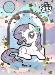 Size: 3800x5135 | Tagged: safe, derpibooru import, rarity, pony, unicorn, absurd file size, banner, female, kayou, logo, looking at you, mare, official, planet, scan, solo, stars, text