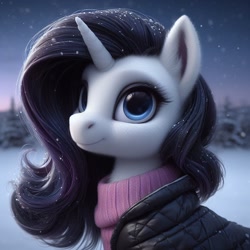 Size: 1024x1024 | Tagged: safe, ai content, machine learning generated, rarity, pony, unicorn, bing, clothes, female, fluffy, mare, snow, solo, winter, winter outfit