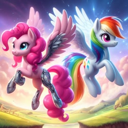 Size: 1024x1024 | Tagged: safe, ai content, machine learning generated, pinkie pie, rainbow dash, earth pony, pegasus, pony, alternate cutie mark, artificial wings, bing, cyborg pony, duo, female, flying, mare