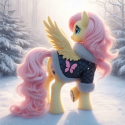 Size: 1024x1024 | Tagged: safe, ai content, machine learning generated, fluttershy, pegasus, pony, bing, butt, cutie mark on clothes, female, fluffy, mare, plot, snow, solo, tree, winter outfit