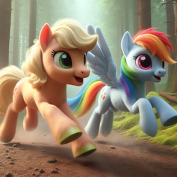 Size: 1024x1024 | Tagged: safe, ai content, machine learning generated, applejack, rainbow dash, earth pony, pegasus, pony, bing, duo, female, forest, mare, running, smiling, thousand yard stare, tree, unshorn fetlocks