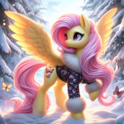 Size: 1024x1024 | Tagged: safe, ai content, machine learning generated, fluttershy, butterfly, pegasus, pony, alternate eye color, bing, female, mare, snow, solo focus, spread wings, winter outfit