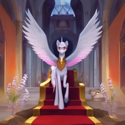 Size: 768x768 | Tagged: safe, ai content, generator:stable diffusion, machine learning generated, oc, oc only, oc:emperor basileus, alicorn, pony, alicorn oc, flower, male, solo, spread wings, stallion, throne room