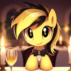 Size: 1024x1024 | Tagged: safe, ai content, generator:bing image creator, machine learning generated, ponerpics import, oc, oc only, oc:leslie fair, earth pony, pony, alcohol, alternate hairstyle, blurry background, bowtie, candle, candlelight dinner, clothes, cute, date, dollar sign, dollar sign eyes, female, glass, hooves on the table, looking at you, mare, offscreen character, pov, smiling, smiling at you, solo, suit, wine, wine glass, wingding eyes