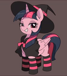 Size: 1945x2205 | Tagged: safe, artist:cheesesauce_45, derpibooru import, twilight sparkle, twilight sparkle (alicorn), alicorn, pony, clothes, costume, cute, female, folded wings, gray background, grin, halloween, halloween costume, hat, horn, lidded eyes, looking at you, mare, simple background, smiling, smiling at you, socks, striped socks, twiabetes, wings, witch costume, witch hat