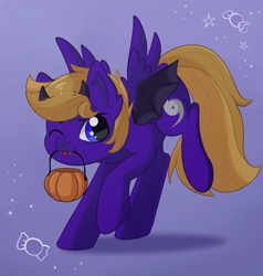 Size: 1306x1369 | Tagged: safe, artist:maravor, derpibooru import, oc, oc only, oc:wing front, demon, pegasus, :p, blue eyes, brown mane, brown tail, candy, clothes, costume, cute, fake horns, fake wings, food, halloween, halloween costume, holiday, jumping, nightmare night, one eye closed, pegasus oc, pumpkin bucket, purple fur, simple background, tail, tongue, tongue out, wings, wink