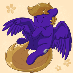 Size: 1920x1920 | Tagged: safe, artist:maravor, derpibooru import, oc, oc only, oc:wing front, pegasus, brown mane, brown tail, cute, eyes closed, flower, pegasus oc, purple fur, simple background, smiling, tail