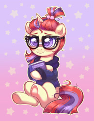 Size: 2735x3533 | Tagged: safe, artist:confetticakez, derpibooru import, moondancer, pony, unicorn, g4, abstract background, book, clothes, colored eyebrows, cute, dancerbetes, eyebrows, female, glasses, gradient background, hoodie, horn, looking at you, mare, sitting, smiling, smiling at you, solo, underhoof