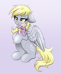 Size: 1796x2160 | Tagged: safe, artist:confetticakez, derpibooru import, derpy hooves, dinky hooves, pegasus, pony, unicorn, g4, crying, duo, duo female, ears, equestria's best mother, eyebrows, eyes closed, female, filly, floppy ears, foal, horn, mare, mother and child, mother and daughter, open mouth, parent and child, partially open wings, simple background, sitting, sleeping, tears of joy, teary eyes, wings