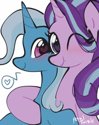 Size: 1623x2048 | Tagged: safe, artist:petaltwinkle, derpibooru import, starlight glimmer, trixie, pony, unicorn, blushing, duo, eye clipping through hair, female, heart, heart eyes, hug, lesbian, looking at you, mare, one eye closed, shipping, signature, simple background, smiling, smiling at you, speech bubble, startrix, white background, wingding eyes