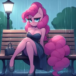 Size: 1024x1024 | Tagged: safe, ai content, derpibooru import, generator:bing image creator, generator:dall-e 3, machine learning generated, pinkie pie, anthro, bench, big breasts, breasts, cleavage, clothes, crossed legs, depressed, dress, embarrassed, high heels, looking at you, park bench, prompter:horselover fat, purse, rain, sexy, shoes, sitting, streetlight