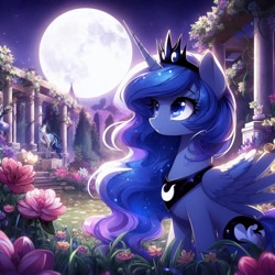 Size: 1024x1024 | Tagged: safe, ai content, derpibooru import, machine learning generated, princess luna, alicorn, flower, moon, solo