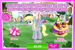 Size: 1958x1301 | Tagged: safe, derpibooru import, derpy hooves, pegasus, pony, advertisement, costs real money, cupcake, english, female, food, gameloft, gem, mare, mobile game, my little pony: magic princess, numbers, official, sale, solo, spread wings, table, text, wings