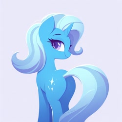 Size: 1024x1024 | Tagged: safe, ai content, derpibooru import, generator:dall-e 3, machine learning generated, trixie, pony, unicorn, butt, female, head turn, looking at you, looking back, looking back at you, mare, plot, prompter:nebbie, rear view, simple background, smiling, smiling at you, solo, the great and powerful ass, wrong cutie mark