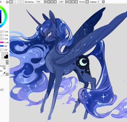 Size: 1630x1570 | Tagged: safe, artist:costly, derpibooru import, princess luna, alicorn, pony, curved horn, female, horn, long horn, mare, missing accessory, solo, wip